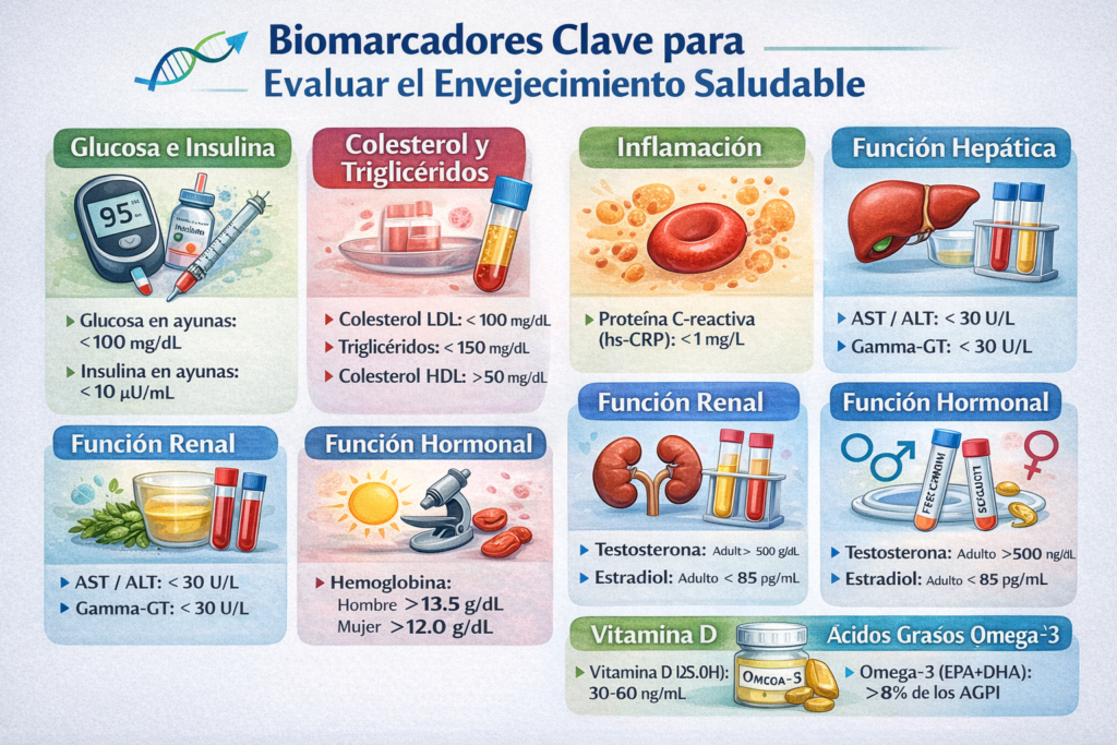 Biomarcadores clave para evaluar el envejecimiento saludable.